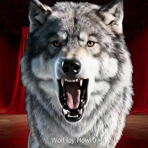 May include: A close-up image of a gray and white wolf with its mouth wide open, baring its teeth. The background features red curtains and the text "Wolf Icy Howl 3".