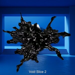 May include: A dark, abstract sculpture resembling a burst of black liquid is centered in a blue room. The sculpture has multiple spiky protrusions. The text "Void Slice 2" is at the bottom.