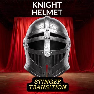 Op de afbeelding: Een gedetailleerde, metalen ridderhelm met een kruisontwerp, tegen een rode gordijnachtergrond. De woorden "KNIGHT HELMET" staan bovenaan en "STINGER TRANSITION" onderaan.