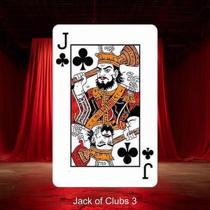 以下が含まれることがあります： クラブのジャックのトランプ。ひげを生やした人物が金槌を持っている詳細なイラストが描かれています。カードには黒いクラブのシンボルと角に文字「J」があります。「Jack of Clubs 3」のテキストが下にあります。