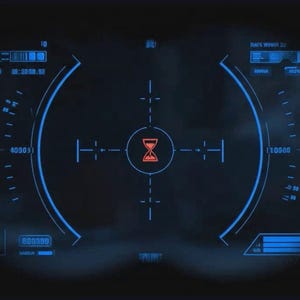 Può includere: Un display head-up futuristico in blu e nero. Presenta un'icona a clessidra al centro, mirini e varie letture digitali. Il design generale suggerisce un tema fantascientifico o tecnologico.