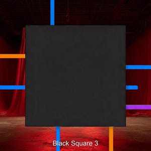 Pode incluir: Um quadrado preto está centrado em frente a um fundo de cortina vermelha. Linhas horizontais e verticais em azul, laranja e roxo intersectam o quadrado. O texto "Black Square 3" está na parte inferior.