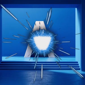 Könnte beinhalten: Eine blau getönte architektonische Darstellung mit einem stilisierten Buchstaben "A" mit einem hell leuchtenden Zentrum. Das Design befindet sich in einem blauen Raum, mit radialen Linien, die Energie oder Bewegung suggerieren. Die Gesamtästhetik ist modern und abstrakt.