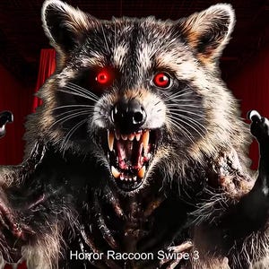 May include: A menacing raccoon with glowing red eyes and exposed teeth, its claws outstretched. The image has a horror theme, with the text "Horror Raccoon Swipe 3" at the bottom. The background features red curtains.