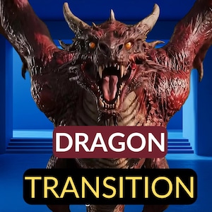 May include: A detailed image of a red dragon with open wings and a menacing expression. The dragon has sharp teeth and horns, with the word "DRAGON" in a maroon box and "TRANSITION" in a yellow box below it. The background is blue.