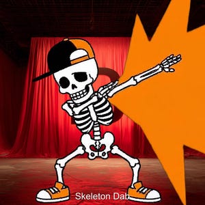 Puede incluir: Esqueleto de dibujos animados haciendo dab, con una gorra de béisbol negra y naranja y zapatillas naranjas. Un gráfico de explosión naranja está detrás del esqueleto. El texto "Skeleton Dab" está en la parte inferior.
