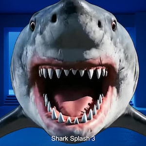 May include: A close-up of a shark with a wide-open mouth, revealing rows of sharp teeth. The shark is gray with a white underbelly and pink gums. The text "Shark Splash 3" is at the bottom.