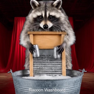 Puede incluir: Un mapache está detrás de una tabla de lavar de madera, sosteniendo dos tazas de metal. La tabla de lavar está colocada sobre una tina de metal galvanizado llena de agua jabonosa. El fondo presenta cortinas rojas y el texto "Raccoon Washboard".