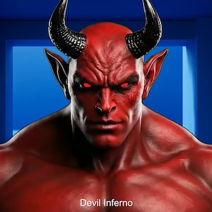 May include: A digital illustration of a red demon with black horns and glowing red eyes. The demon has a muscular build and a stern expression. The text "Devil Inferno" is at the bottom.