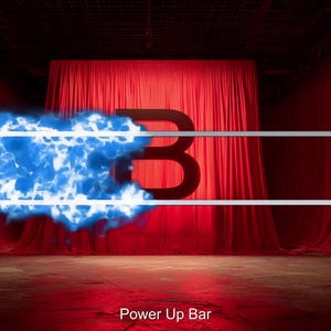 May include: A digital graphic of a power-up bar with a blue energy effect filling the left side. The bar is white with rounded corners, and the number "3" is visible. The background features red curtains and the text "Power Up Bar".