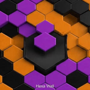 May include: A 3D rendering of a wall made of black, orange, and purple hexagonal tiles. A black shield-shaped element is centered, with a purple hexagon on top. The text "Hexa Wall" is at the bottom.
