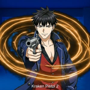 Può includere: Illustrazione in stile anime di una persona che tiene in mano una pistola d'argento, con un effetto di energia arancione vorticoso dietro di essa. La persona indossa una giacca blu scuro sopra una camicia rossa. Il testo in basso recita "Kraken Pistol 2."