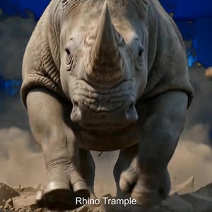 May include: A grey rhinoceros charging forward with a prominent horn, surrounded by a cloud of dust and debris. The text Rhino Trample is visible at the bottom center of the image, set against a vibrant blue background with scattered rocks.