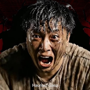 May include: A man with a terrified expression, covered in dirt and sweat, screams with his mouth wide open. The background features a red curtain and a dark, broken wall. The text "Haunted Gasp" is visible.