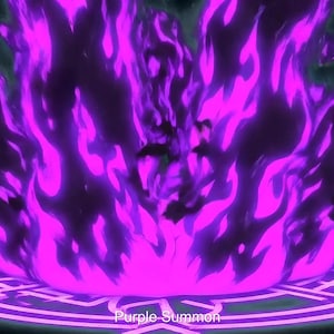 May include: A vibrant, stylized illustration of a purple flame effect, with dark edges and a glowing core. The flame emanates from a circular, patterned base. The text "Purple Summon" is at the bottom.