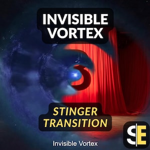 May include: An artistic digital graphic with the text "INVISIBLE VORTEX" and "STINGER TRANSITION" in white and yellow. The image features a swirling blue and red vortex with a red curtain backdrop and a logo in the bottom right corner.