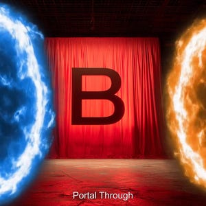 May include: Two glowing portals, one blue and one orange, are featured in this image. The portals are oval-shaped and surrounded by a bright, fiery glow. A large letter "B" is centered on a red curtain backdrop. The text "Portal Through" is at the bottom.