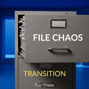 May include: A grey filing cabinet with an open drawer overflowing with papers. The words "FILE CHAOS" are displayed in white on the open drawer. The word "TRANSITION" is in yellow on the lower drawer. The background is blue.