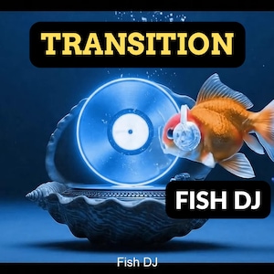 Peut inclure: Illustration numérique artistique d'un poisson rouge portant un casque, près d'un disque vinyle bleu brillant dans une coquille Saint-Jacques ouverte. Le texte "TRANSITION" et "FISH DJ" est inclus.