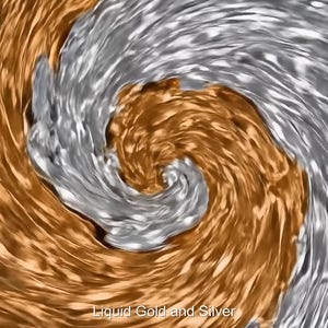 Könnte beinhalten: Abstrakte digitale Kunst mit einem wirbelnden Muster aus flüssigem Gold und Silber. Die Farben verschmelzen und fließen ineinander und erzeugen ein dynamisches Design. Der Text "Liquid Gold and Silver" befindet sich unten.