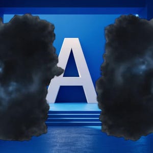 Peut inclure: Une grande lettre "A" blanche se dresse dans une pièce bleue, éclairée par une lumière vive. Des nuages sombres et bouillonnants encadrent la lettre, créant un contraste saisissant. La pièce a un design minimaliste avec un sol et des murs bleus.