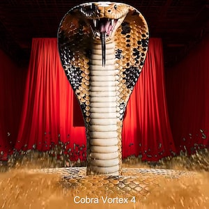 Puede incluir: Una gran cobra con su capucha extendida, mostrando sus colmillos y lengua. La serpiente es de color beige, negro y blanco, sobre un fondo de cortinas rojas y suelo arenoso. El texto "Cobra Vortex 4" está en la parte inferior.