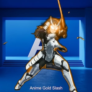 Puede incluir: Ilustración de un personaje con un traje futurista con un brillo dorado, sosteniendo una espada dorada. El personaje está en una pose dinámica sobre un fondo azul. El texto "Anime Gold Slash" está en la parte inferior.