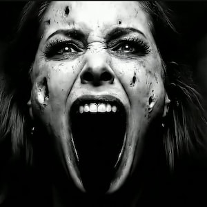 May include: A monochrome image of a woman's face, mid-scream. The mouth is wide open, teeth visible, and the eyes are wide with a look of terror. The image has a horror theme and is in black and white.