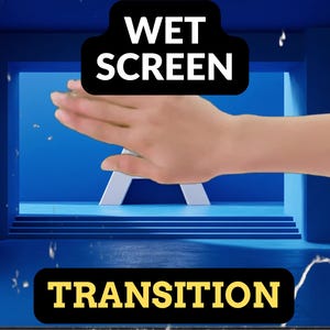 Pode incluir: Um fundo azul com uma forma "A" branca e as palavras "WET SCREEN" e "TRANSITION" em preto e amarelo. Uma mão estende-se em direção à forma "A". Gotas de água caem na cena.
