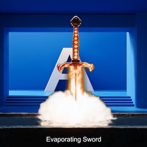 Puede incluir: Una espada naranja brillante que emerge de una nube de vapor, sobre un fondo azul con una gran letra blanca "A". El texto "Evaporating Sword" está en la parte inferior de la imagen.