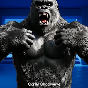 May include: A detailed image of a gorilla with a menacing expression, baring its teeth. The gorilla's fur is dark gray, and its chest is muscular. The text "Gorilla Shockwave" is at the bottom of the image.