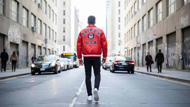 May include: A person wearing a red leather jacket with the text "AVIREX USA" on the back, walking down a city street. The jacket has white and blue accents. The person is wearing black pants and white sneakers.