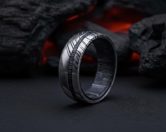 Handmade Damascus Steel Ring, Smokey Wood Inlay, Comfort Fit for men