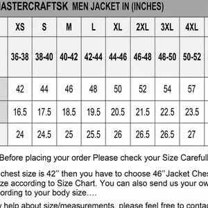 May include: A size chart for a men's jacket, with measurements in inches. Includes chest, shoulder, and sleeve length sizes from XS to 5XL. The chart also provides actual body chest sizes for reference.