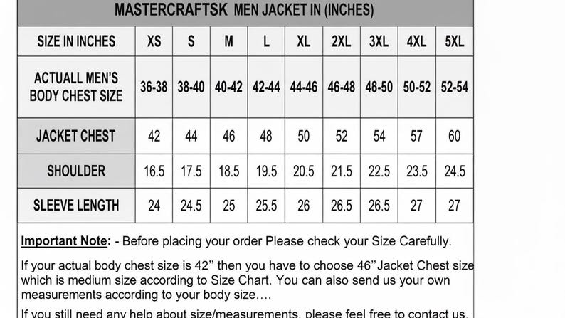 May include: A size chart for a men's jacket, with measurements in inches. Includes chest, shoulder, and sleeve length sizes from XS to 5XL. The chart also provides actual body chest sizes for reference.