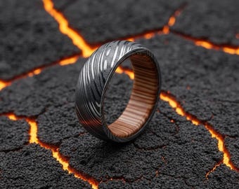 Handmade Damascus Steel Ring, Whiskey Barrel Wood Sleeve