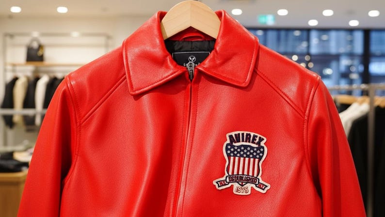 May include: A bright red leather jacket with a collared neckline and a zipper closure. The jacket features a patch on the chest with the text "AVIREX" and a design incorporating the American flag. The jacket is displayed on a wooden hanger.