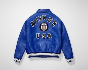 Men Avirex Blue Real Bomber American Flight Jacket Leather Jacket for Men Gift, Avirex Cafe Racer Leather Biker Jacket,