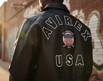 Men's Avirex Black Leather Flight Jacket, American Bomber Style, gift for him biker jacket