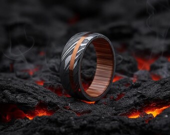 Handmade Damascus Steel Ring, Copper Inlay, Whiskey Barrel Wood Sleeve