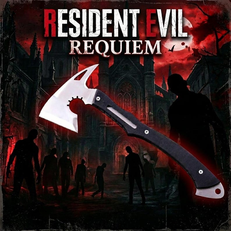 Puede incluir: Un hacha plateada y negra con un mango curvo, sobre un fondo oscuro y ominoso con el texto "RESIDENT EVIL REQUIEM" en rojo y blanco. Siluetas de figuras y un edificio g&oacute;tico acent&uacute;an el tema de terror.