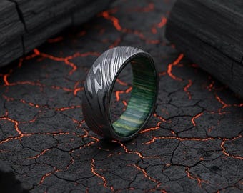Handcrafted Damascus Steel Ring Green Hardwood Sleeve, Anniversary, Promise, Valentines Gift wedding band