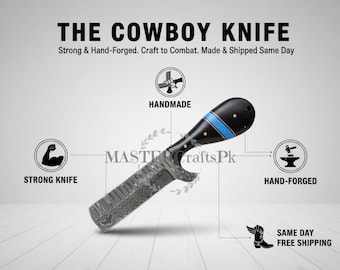 Cowboy Handmade Damascus Hunting Knife, Skinner Knife, Full Tang Fixed Blade, Turquoise Handle, Anniversary Gift, Personalized Gift