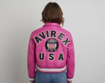Women's Pink Avirex Leather Bomber Jacket: American Flight Style girls jacket