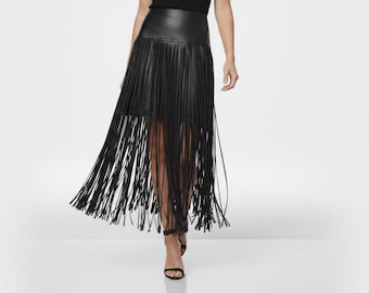 Black Leather Fringe Skirt: Western Cowgirl Boho Midi Tassel Style