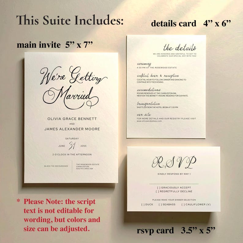 May include: Wedding invitation suite with a main invite (5" x 7"), details card (4" x 6"), and RSVP card (3.5" x 5"). The main invite reads "We're Getting Married" with names and date. The details card lists ceremony, reception, and accommodations. The RSVP card has response options.