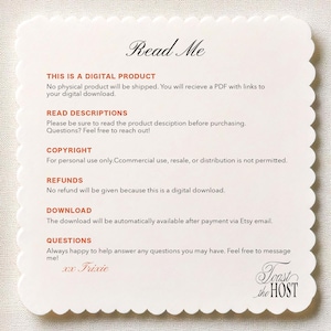 May include: A scalloped-edge card with the words "Read Me" in elegant script. The card contains text about digital products, copyright, refunds, and downloads. The card also includes the text "Toast the HOST" in script.