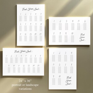 May include: Four white rectangular seating chart signs with black text. Each sign has a different layout, with numbers and guest names. The top left sign reads "Find Your Seat". The bottom left sign is labeled "24" x 36" portrait or landscape variations".