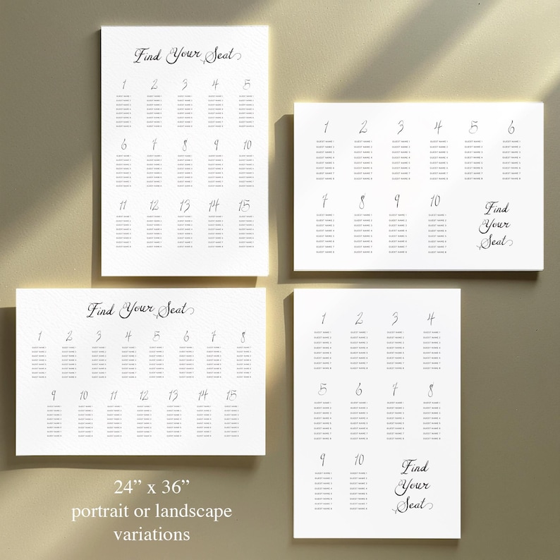 May include: Four white rectangular seating chart signs with black text. Each sign has a different layout, with numbers and guest names. The top left sign reads "Find Your Seat". The bottom left sign is labeled "24" x 36" portrait or landscape variations".