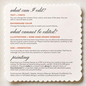 May include: A scalloped-edge card with text detailing editable and non-editable design elements. Text includes options for changing text, fonts, colors, and background color. It also lists printing recommendations, including paper weight (80-110 lb) and sources.